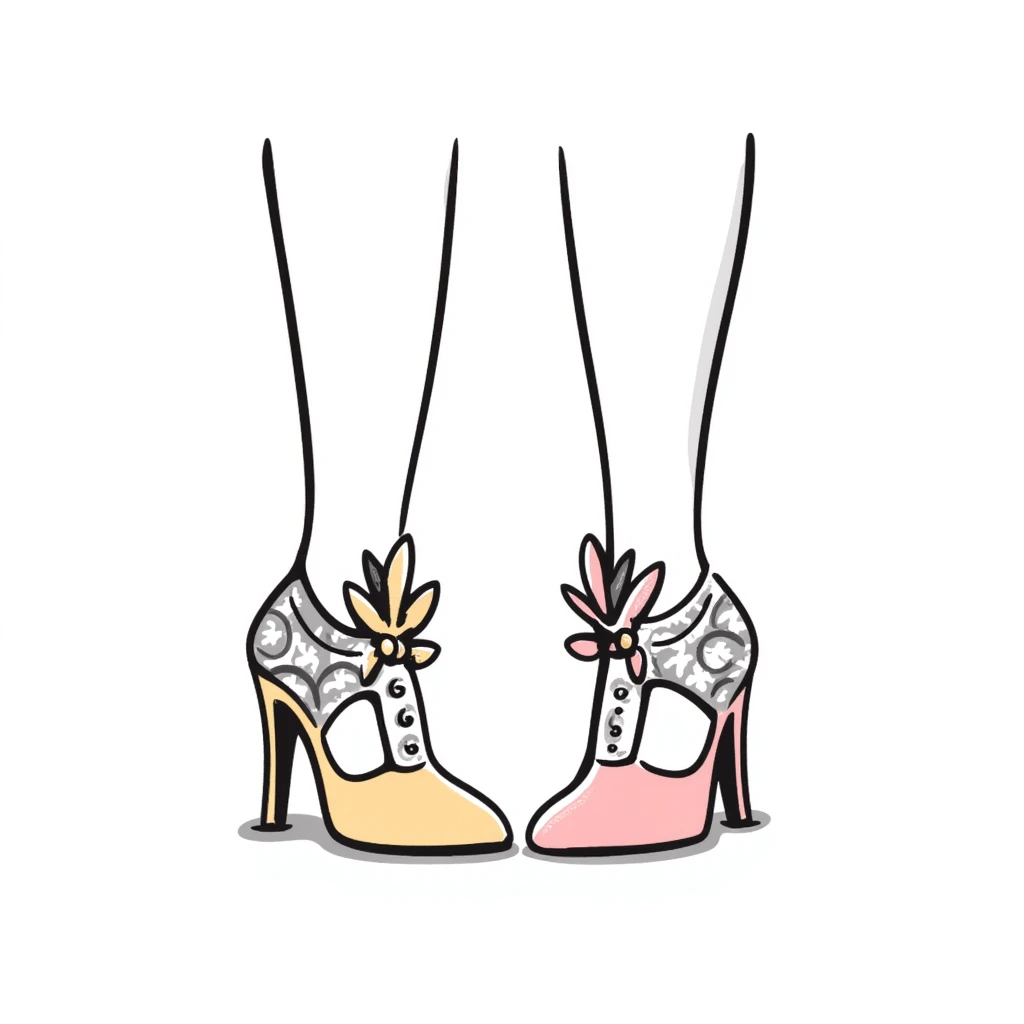a pair of women's high heel shoes with elegant details, pastel colors dd9fb0, ffc6d3, a3bfc9, c4bee2, f1b091, detailed hand-drawn doodle style emoji