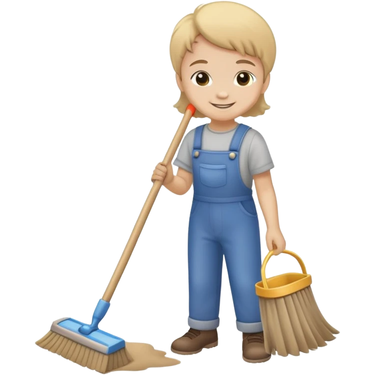 child sweeping up dust, smiling and helpful emoji