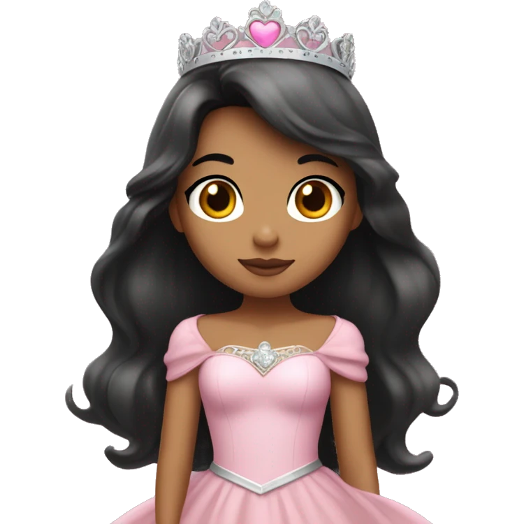 Princess with halo with tan skin tone with long black hair with bang with silver pink heart tiara and pink dress emoji