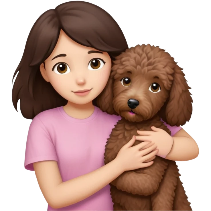 One girl with medium long dark brown hair dressing baby pink T-shirt, hugging One little brown coated labradoodle. emoji