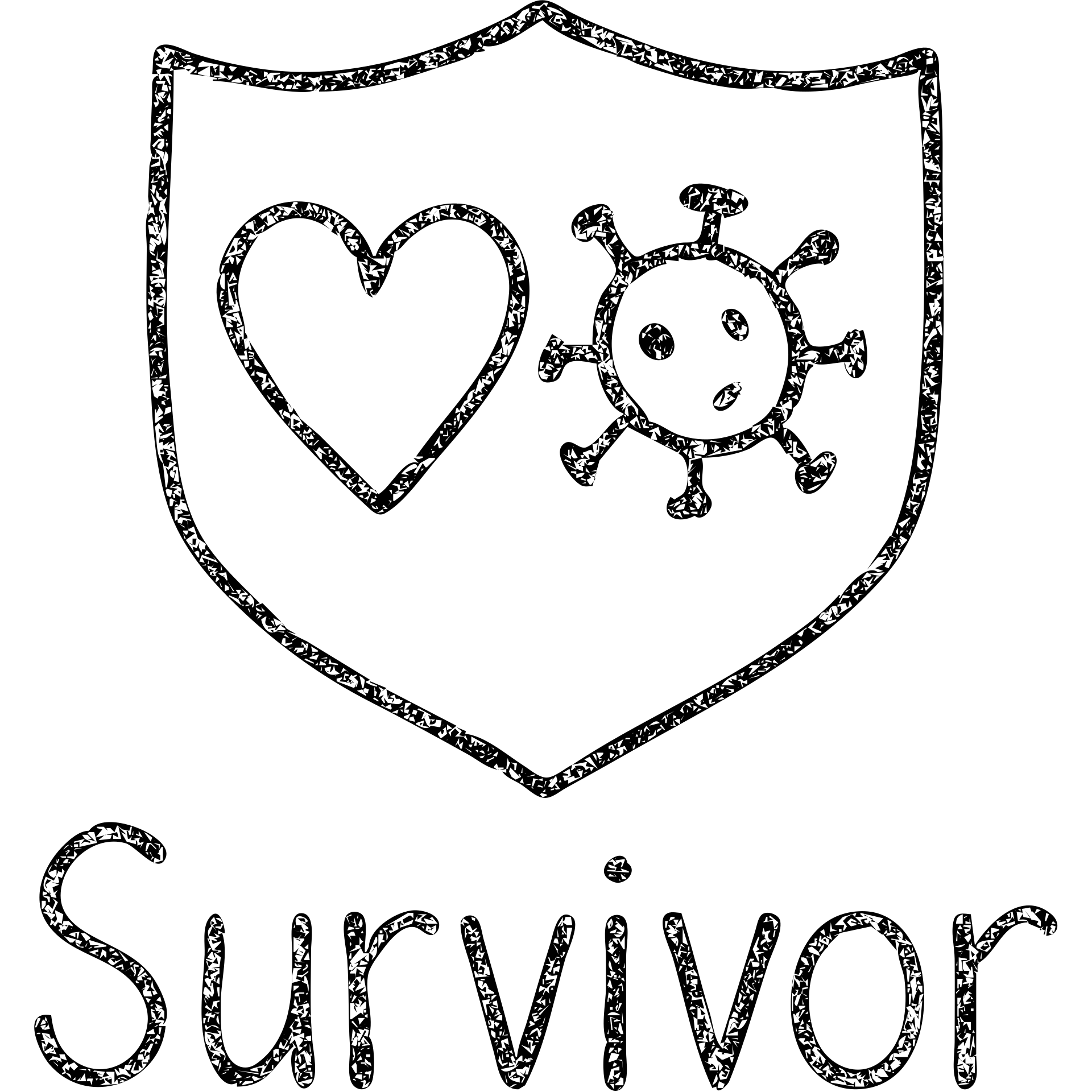 hand-drawn outlined badge with a heart and virus, text 'Survivor' emoji