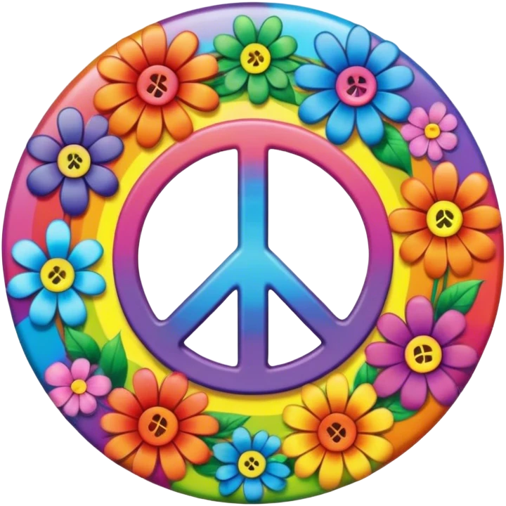 A round psychedelic colored button that says peace with rainbow colored hippie style flowers emoji