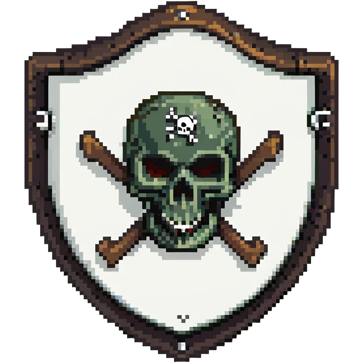 Shield badge with a skull and crossbones and a padlock symbol for cybersecurity, dark color scheme, dangerous looking emoji