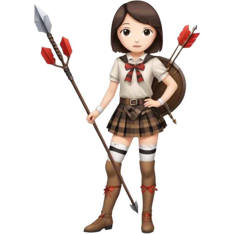 A Japanese girl wearing white thigh highs, plaid brown and black skirt that’s up to knees, arrow and bow in hand that’s labeled “DIANA”  emoji
