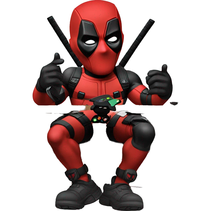 Deadpool holding xbox controller sitting at a desk, front view emoji