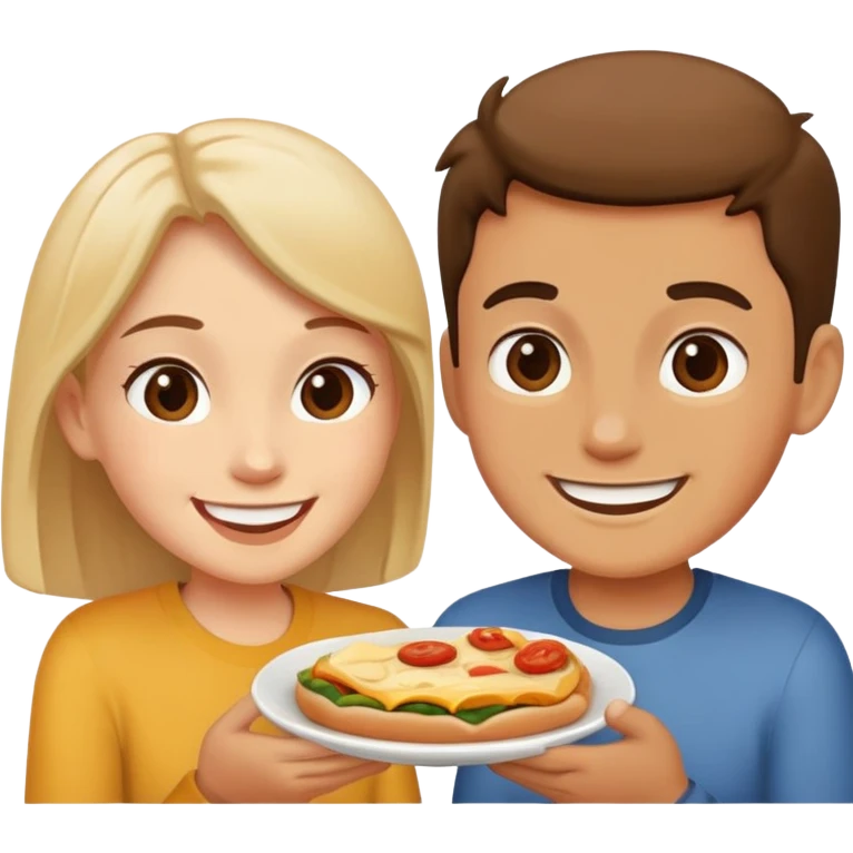 two people sharing food, smiling, simple and expressive emoji