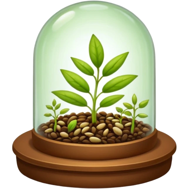 a pile of seeds at the right side and a germinating seed under a glass dome near . Transparent background emoji
