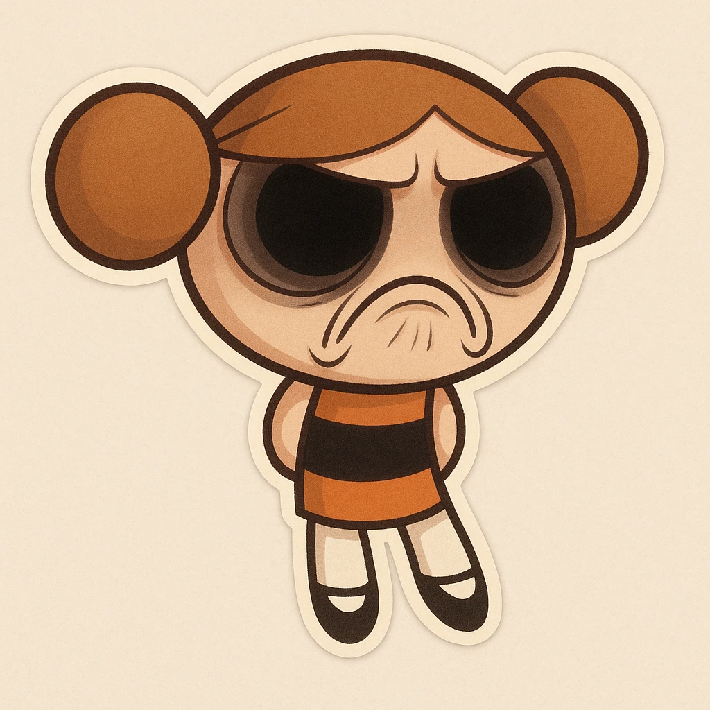 Add hollow, dark eyes and a twisted frown to the character, maintaining the original cartoon style and quality. emoji