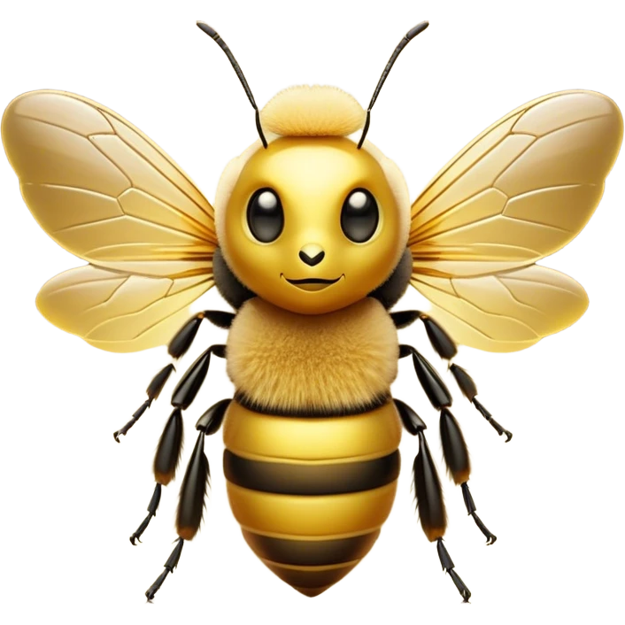 Cinematic Noble Bee Portrait Emoji, Poised and industrious, with a compact, fuzzy body in golden-yellow hues, delicate translucent wings, and a focused, determined expression with sparkling eyes, Simplified yet sharp and sophisticated features, highly detailed, glowing with a soft, sunny radiance, high shine, intelligent and diligent, stylized with an air of natural elegance, focused and alert, soft glowing outline, capturing the essence of a watchful bee that appears ready to buzz out of the screen with effortless authority! emoji