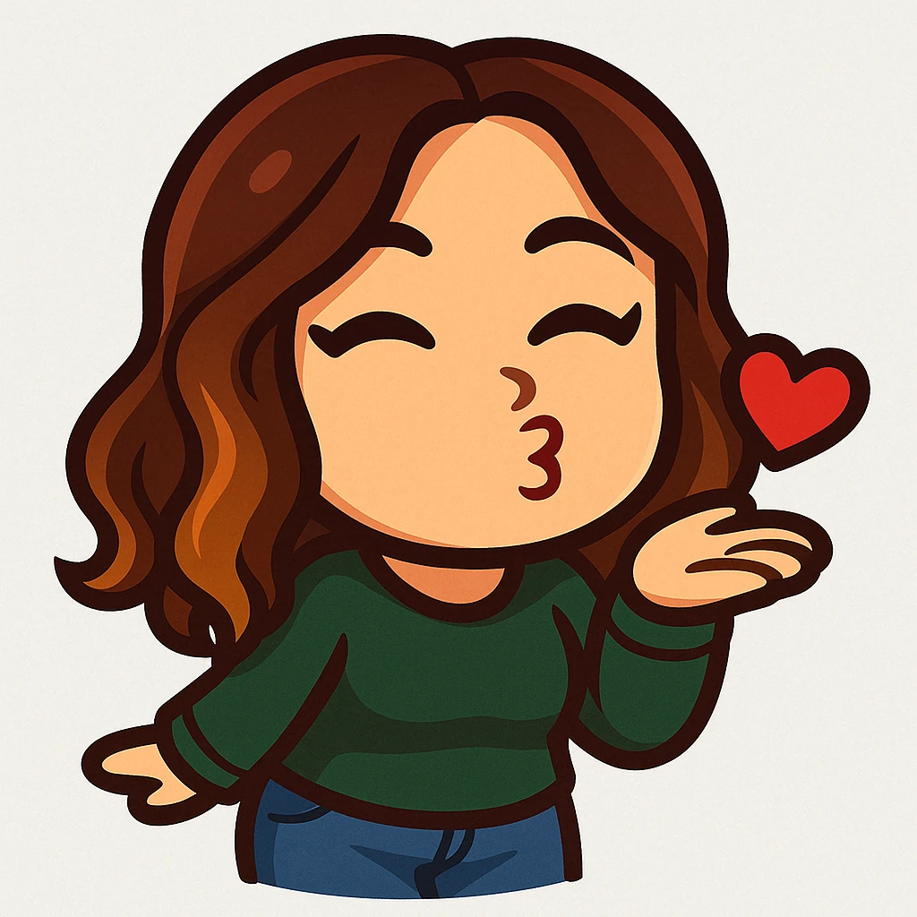 chibi emote of the woman from the reference images, wearing a green sweater and jeans, blowing a kiss, no headband, no wand, transparent background emoji