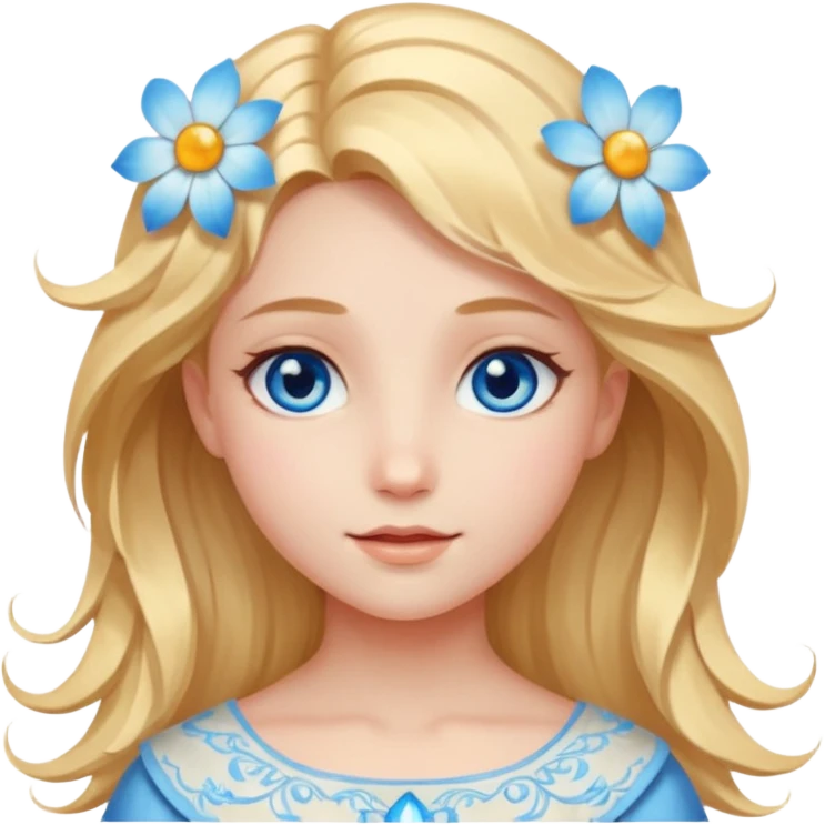 Chica abriéndosele el pelo como una flor, con cara de ángel radiante, ojos azules emoji