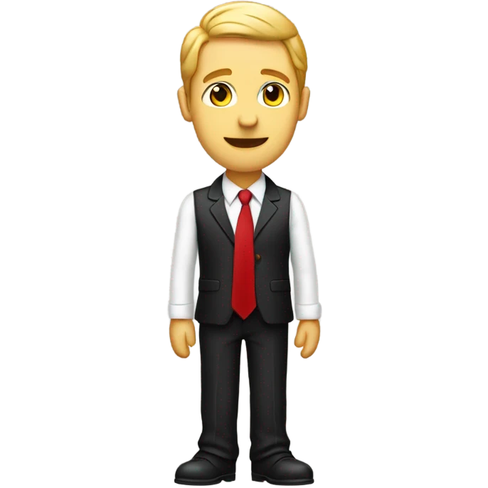 Full body picture of a male in a black suit with a white shirt and red tie holding his hand out flat as if something is resting in it emoji