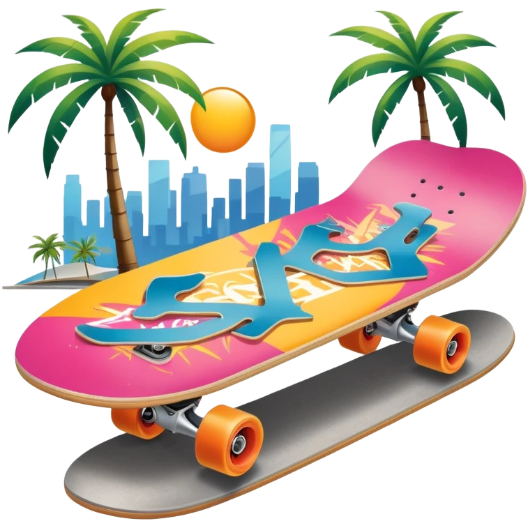 An icon featuring a skateboard resting on a smooth concrete surface. The background shows a sunny skate park with ramps, graffiti walls, and palm trees, creating an urban vibe. The skateboard is designed with vibrant colors and unique graphics. Transparent background  emoji