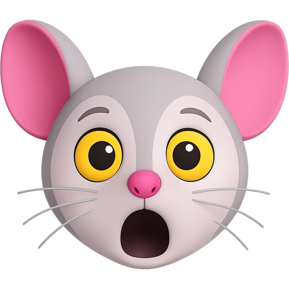 Create a shocked version of this 3D mouse emoji with a wide-eyed, open mouth expression for shock. Keep the background transparent. The original style is 3D emoji style, please maintain the 3D emoji look in the edit. emoji