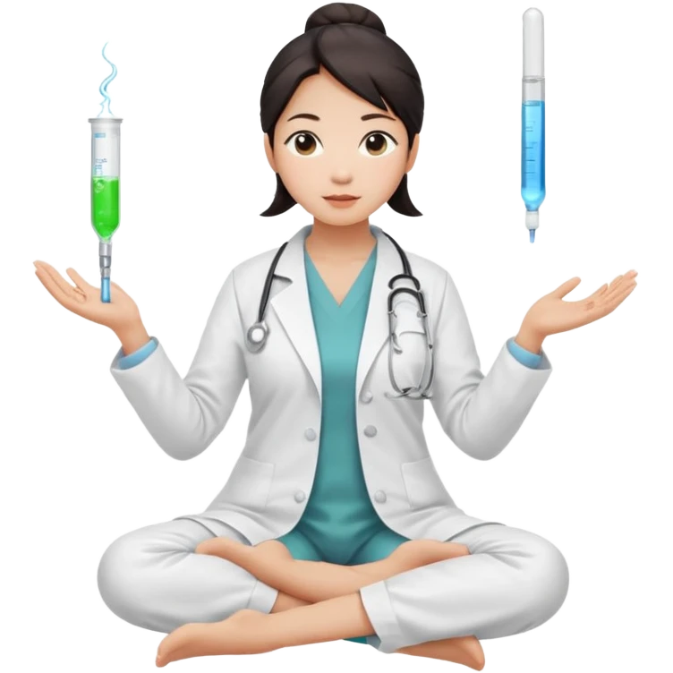 emoji of an asian woman with a single bun in a white lab coat sitting cross legged with micropipettes levitating above each hand. the tips should be pointing away from her and she should not be wearing a stethoscope emoji