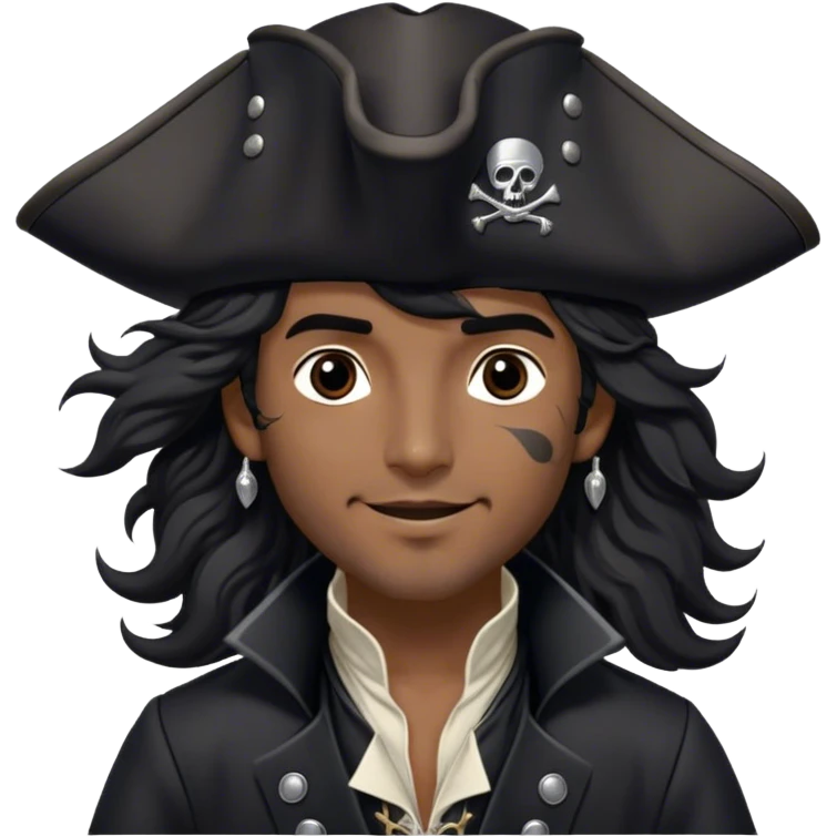 A charismatic pirate with wavy black hair tousled by the breeze. His silver-embroidered tricorn hat casts a shadow. Dark eyes glint with mischief as he looks to the side, a knowing smile on his lips. His black coat, adorned with silver buttons, shifts with the wind emoji