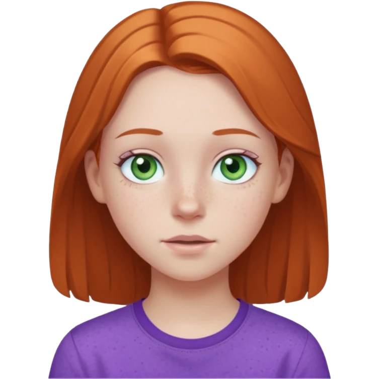 pale white teen girl with light blueish green eyes and freckles and purple shirt emoji