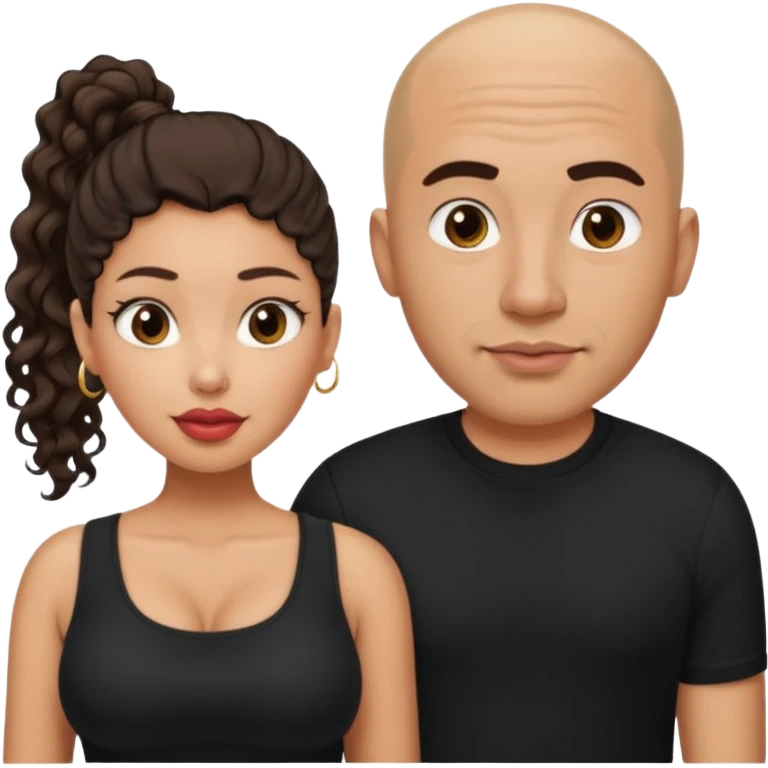 A picture of a tanned couple. the man is a Mexican man with tanned skin, a bald hair cut, short shaved beard and wearing a black shirt. the woman is mixed, with curly medium length hair in a pony tail, with big boobs and lips  emoji