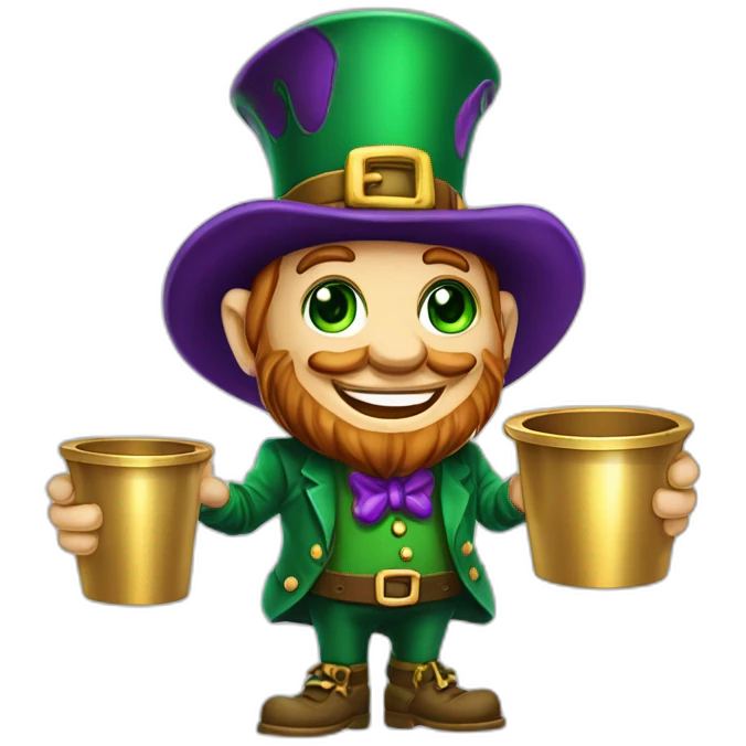 A mascot leprechaun green and purple cartoon character with a gold pot to my company ProsperOn emoji