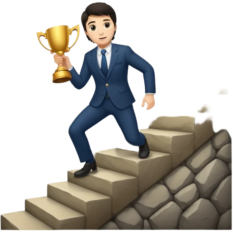 UN HOMBRE DE PIEL CLARA Y PELO OSCURO SUBIENDO ESCALERAS LARGAS PARA ALCANZAR UN TROFEO emoji