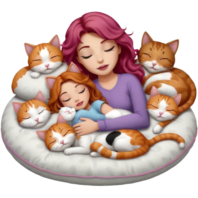 girl with long wavy brown hair, long lashes makeup, sexy pink lips, light to medium complexion,  sleeping on a cozy pillow, with 6 cats: 1 ginger/white, 1 grey with white paws, 1 calico, 2 grey and white and one tabby and white emoji