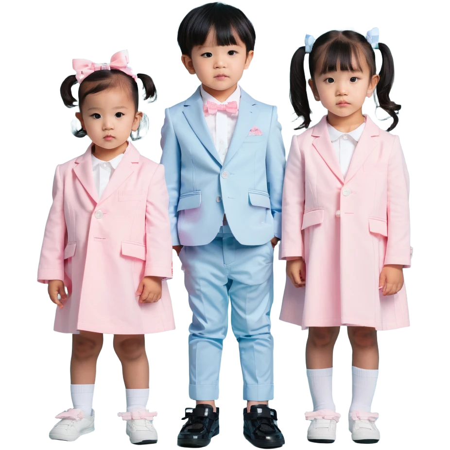 triplet toddlers with two girls in pastel pink clothes on each side and a boy in pastel blue suit in the middle emoji