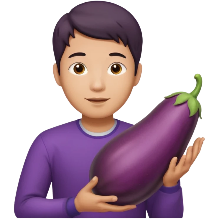 Asian guy holding huge eggplant emoji