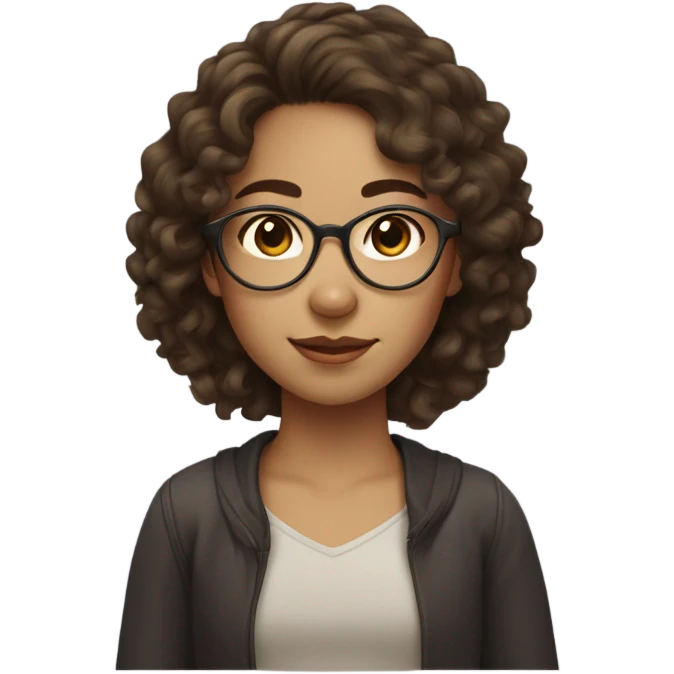 girl with curly - wavy brown hair, and thin golden glasses with chinese eyes and dark brown eyes emoji