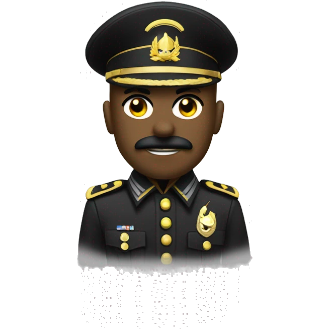 a soldier with a black helmet featuring a yellow lightning bolt insignia. The soldier has a sharp, angular face with a mustache, wearing a dark military uniform with epaulets on the shoulders, with witeskin, dark eyes emoji