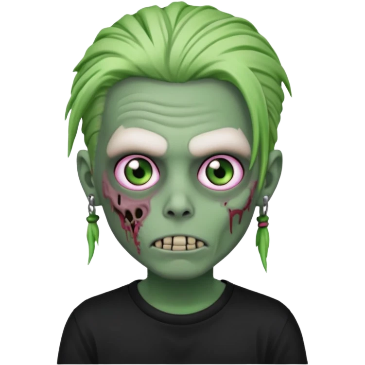 Zombie boy, green skin, white dreads medium long, pink eyes, black tshirt emoji