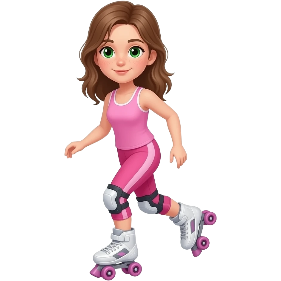 young girl in the style of iphone emoji people, fair skin, green eyes, freckles, pink tank top and pink leggings, rollerblading emoji