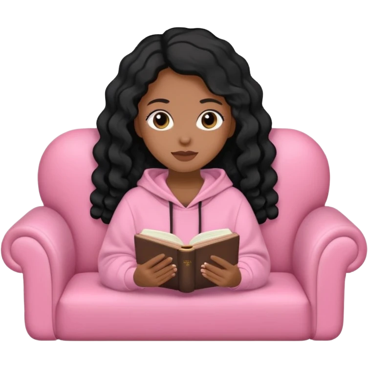 Una chica linda de cabello negro con ondas hasta los hombros de piel blanca con una sudadera rosa en un sofá cómodo y hermoso leyendo la biblia emoji