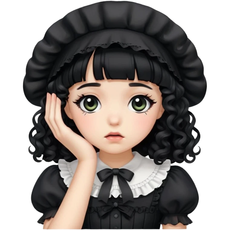 girl wearing a black bonnet and a black lolita dress with black bangs and black curly hair facepalming  emoji