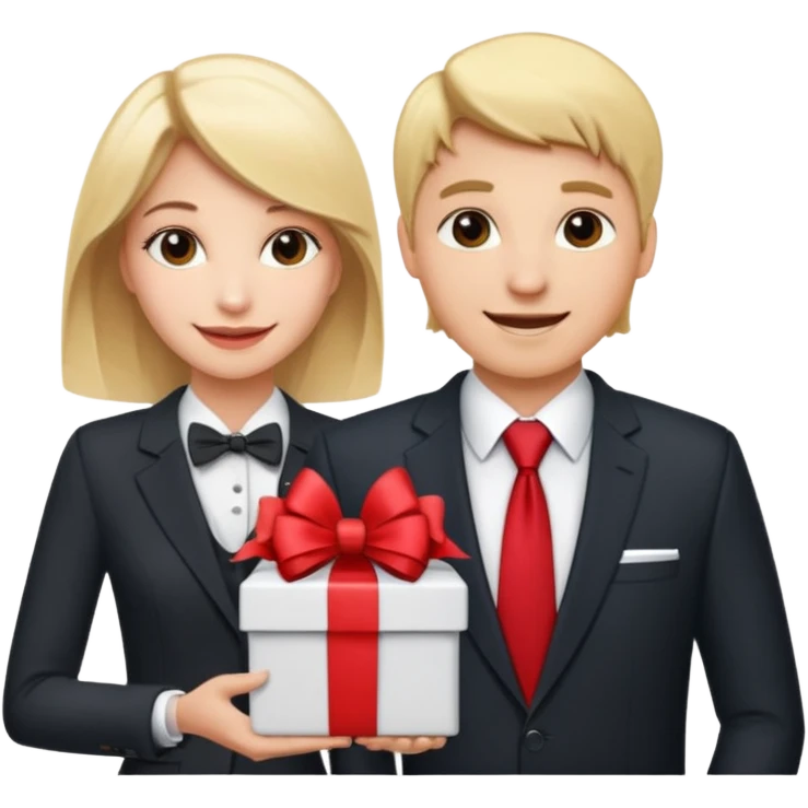 "Emoji of a young attractive blonde woman receiving a new car with a big red bow as a gift from a man dressed as a businessman in a suit." emoji