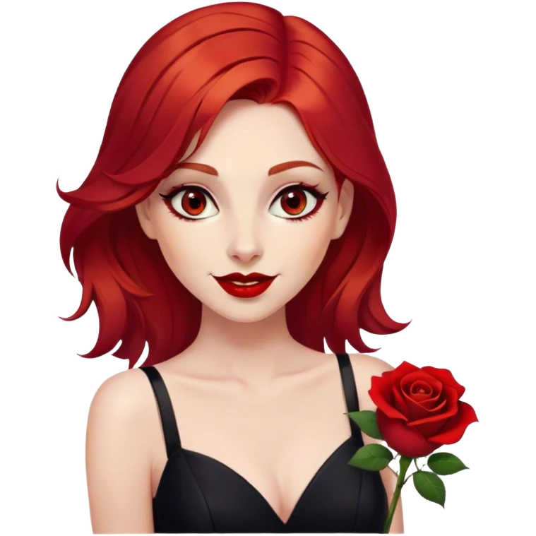 a beautiful woman with red hair and red eyes. The woman wear a black little cutted dress. She have red lipstick and she have a seductive look and smile. She have a rose flower in her hair emoji