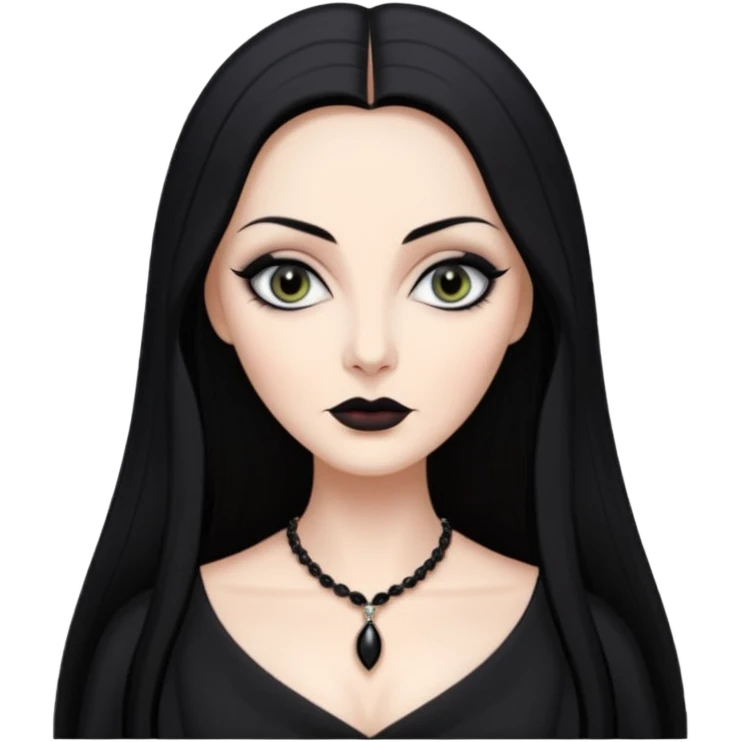 Create a realistic portrait of Morticia Addams with long black hair, elegant black dress & sharp gaze. emoji