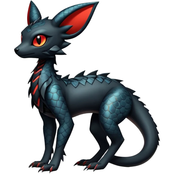 Sophisticated Modern Gothic Gloomy Futuristic Scaly Cyber-Salandit-Umbreon-Litten-Hybrid (Full body) emoji
