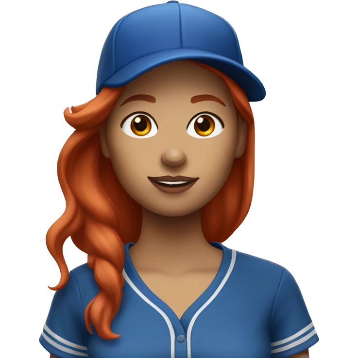front facing standing female coach with long red hair, wearing a white t-shirt and a simple baseball blue hat emoji