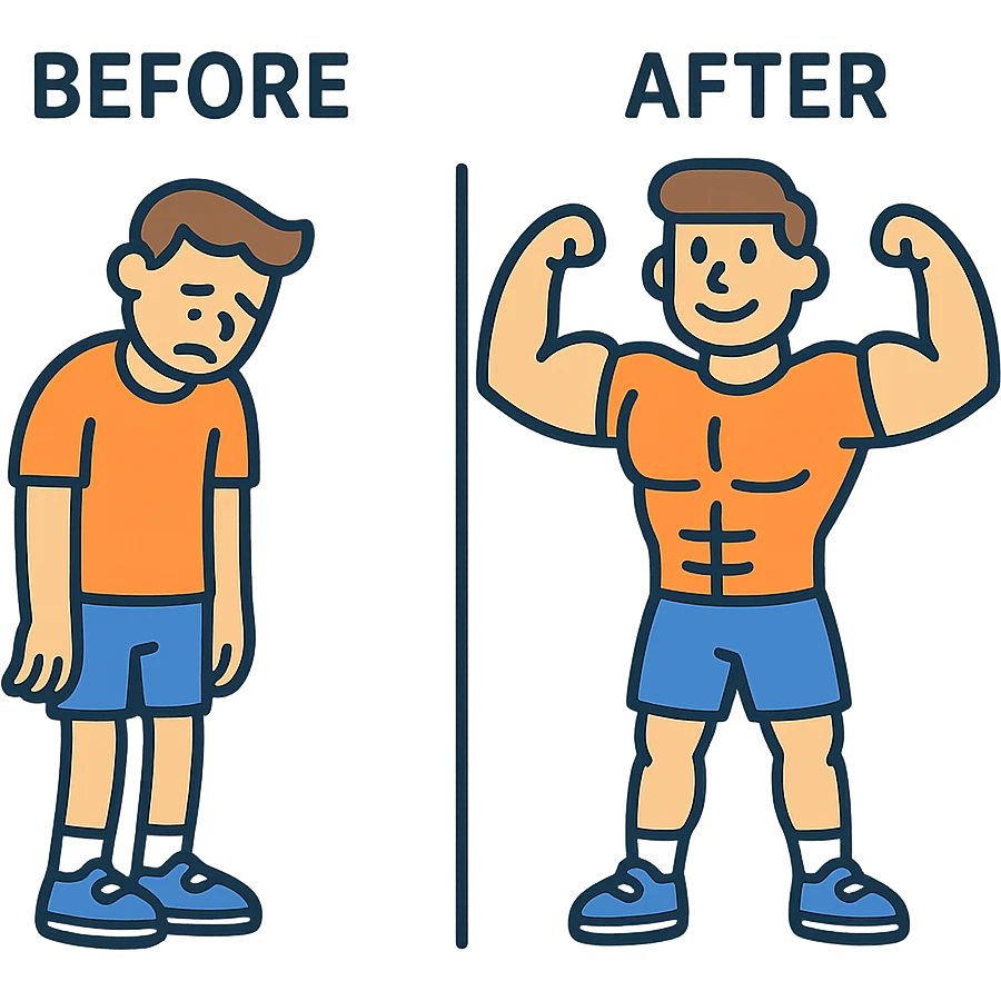 in the picture is devided in to two parts, at the first the sportsman is weak and lazy, but at the second picture the same sportsman is very strong because he doing a workout regularly. There is no line between the picture, at the first picture the is a word before, in the second picture there is a word after emoji