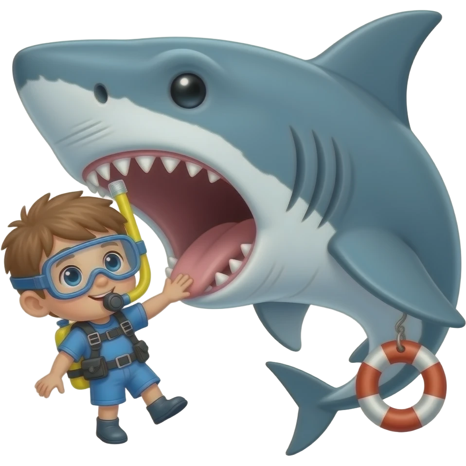 a shark biting a little kid with scuba gear hanging off a boat emoji