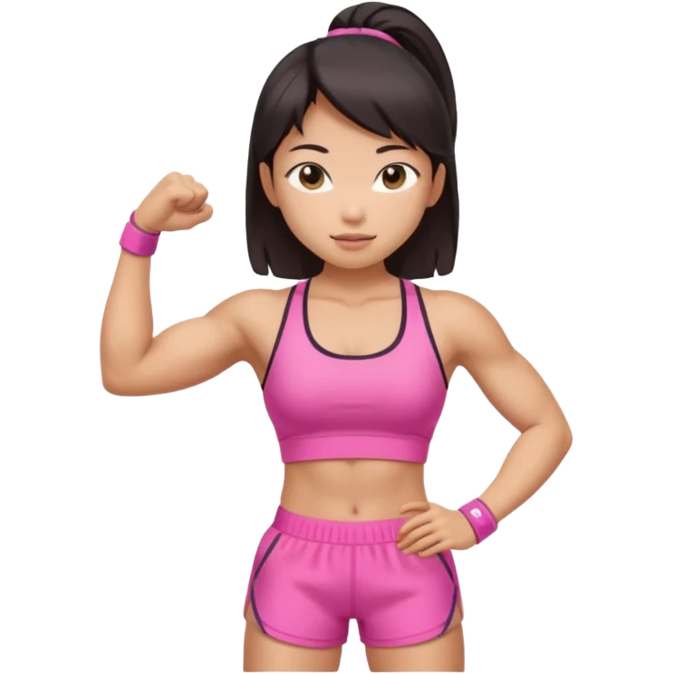Athletic Asian girl show biceps wearing pink emoji