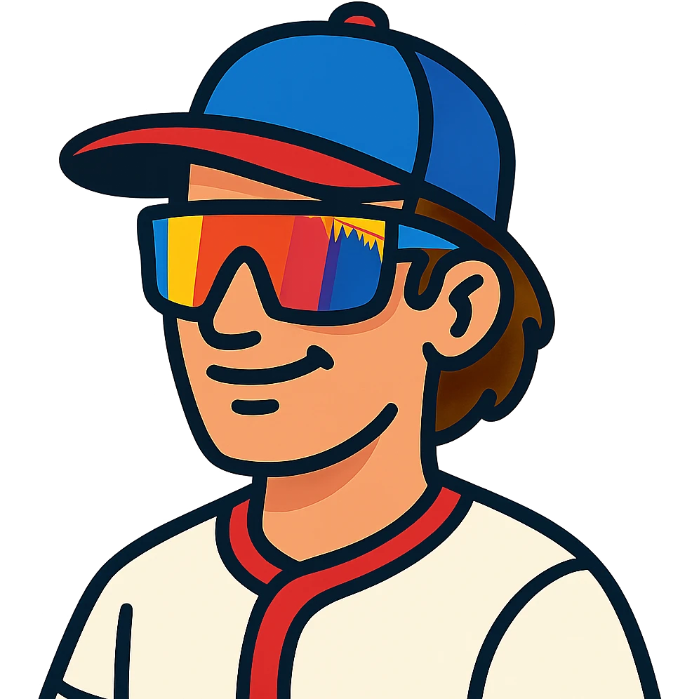 vibrant toon style baseball guy with brown hair, no beard, baseball cap, and Pit Viper sunglasses emoji