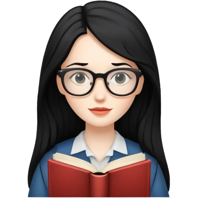 long black haired women with book with optical emoji