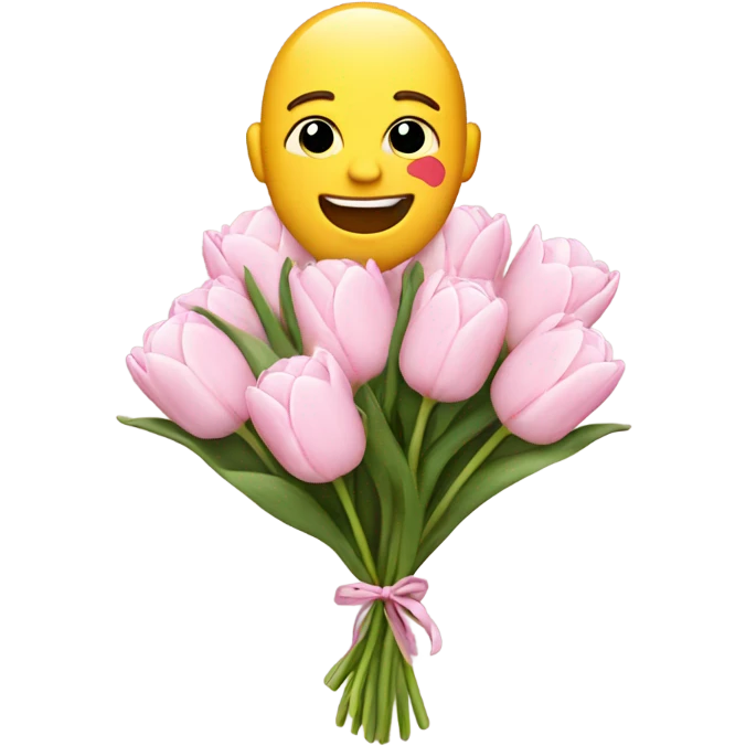 emoji with big smile holding a bouquet of white tulips and pink flowers emoji