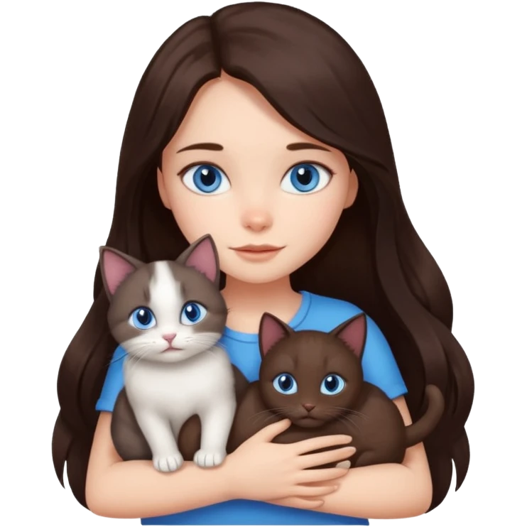 a pretty girl with long dark 
brown hair, with blue eyes, hugs 3 different natural coloured small cats emoji