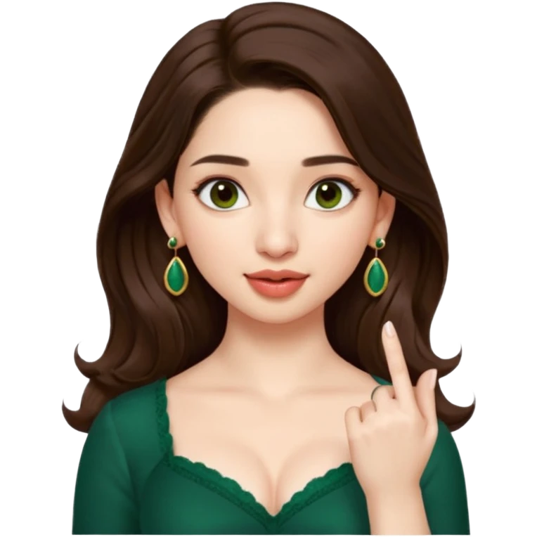 pretty bratz genmoji that looks like tamannah bhatia (bollywood actress), wearing a dark green sweetheart neckline top, dark brown hair, light makeup, no necklace, dangly earrings, SIDE hair part, fair. dark brown eyes, long hair

Show her licking her finger  emoji