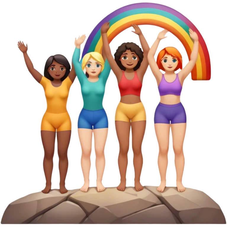three women of different body types forming human chain, climbing rainbow-colored rock holds emoji