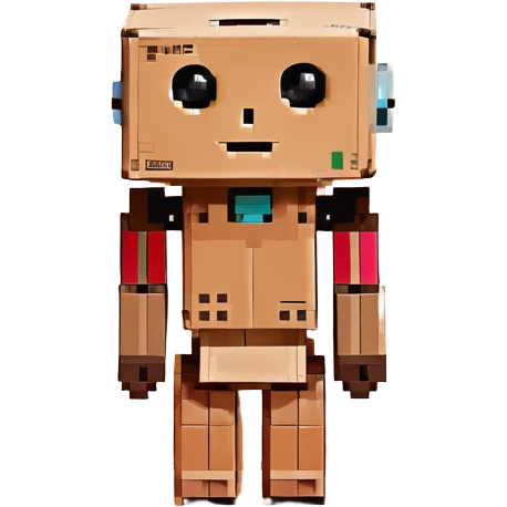 small cardboard robot named Danbo standing alone in a softly lit room, square head with two round black eyes and a small rectangular mouth, folded cardboard body, jointed arms and legs, warm wooden floor, soft shadows, cartoonish, clean lines, pastel colors, cozy and nostalgic atmosphere emoji
