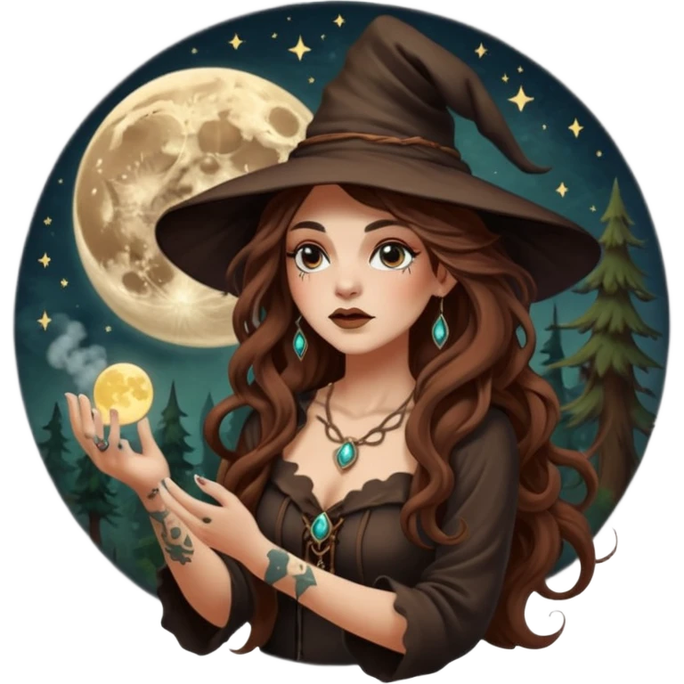 forest witch woman long wavy brown hair tattoos blowing moon dust emoji