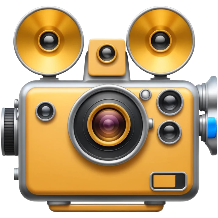 Minimal emoji icon of a huge cinematic metalic camera, front view, realistic lens, no gold emoji